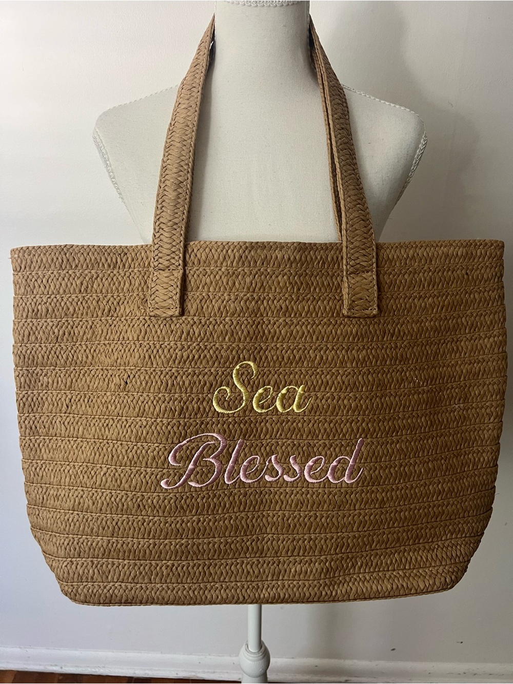 “Sea Blessed” Tan Braided Woven beach summer vacation resort Tote Bag, 13.5x19.5